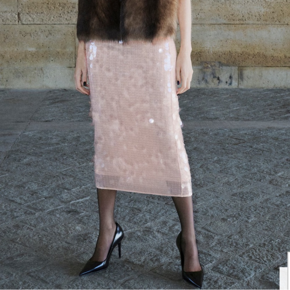 Mango Sequin Tan Pencil Skirt SEQUIN MIDI SKIRT